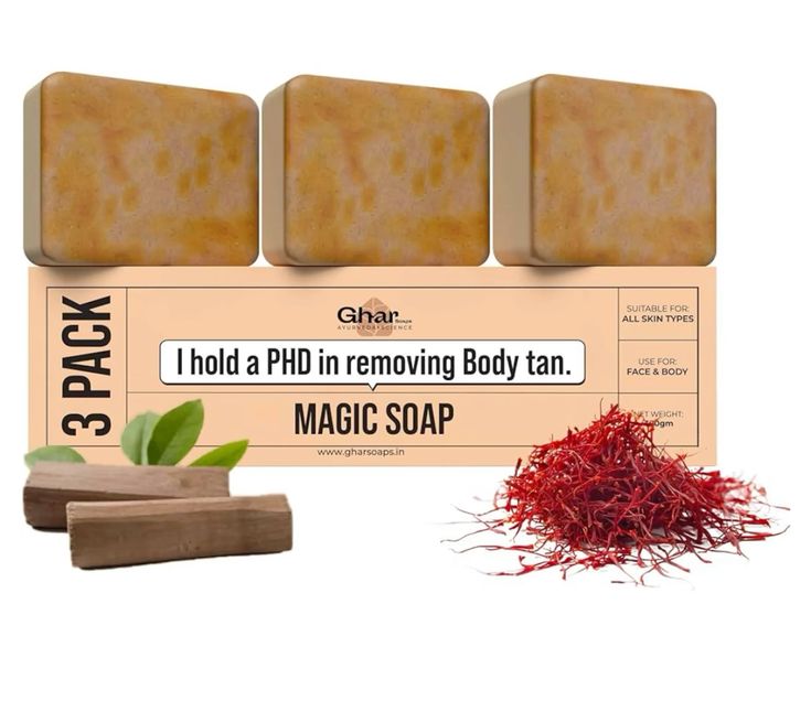 Ghar Magic Soap 3 Pack | Sandalwood & Saffron De‑Tan Body Soap for Glowing Skin